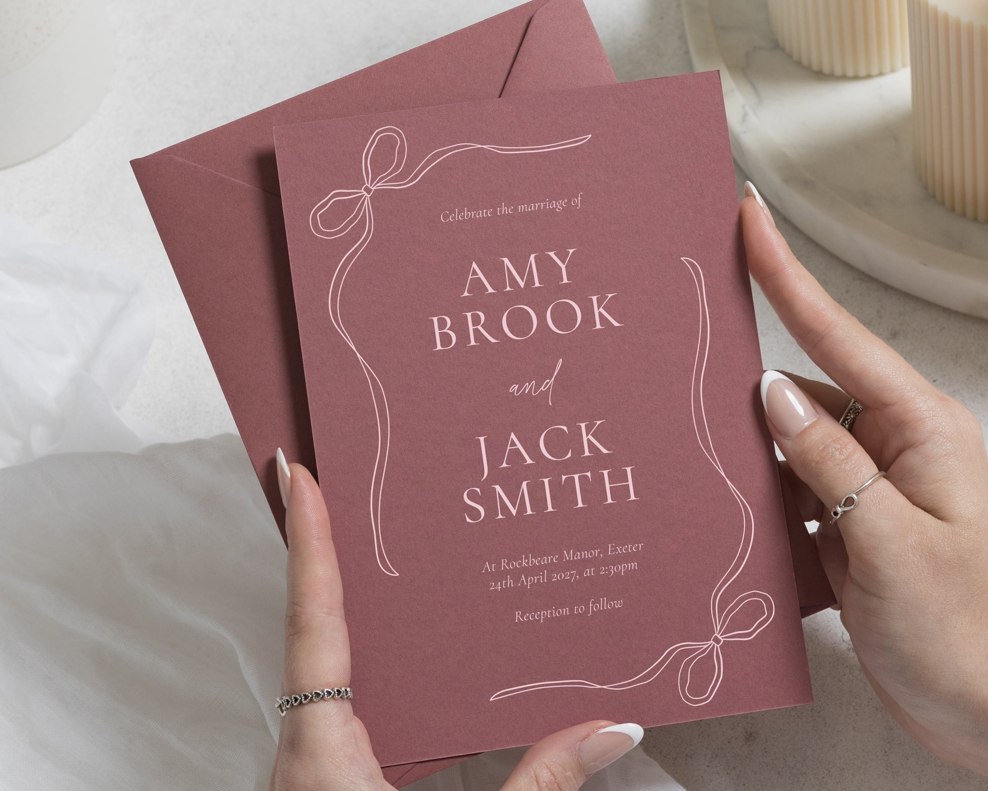 Dusty Pink Wedding Invitations with Matching Envelopes, Romantic Bow Wedding Invites, Elegant Ribbon Design, Personalised Invite Suite