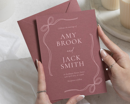 Dusty Pink Wedding Invitations with Matching Envelopes, Romantic Bow Wedding Invites, Elegant Ribbon Design, Personalised Invite Suite