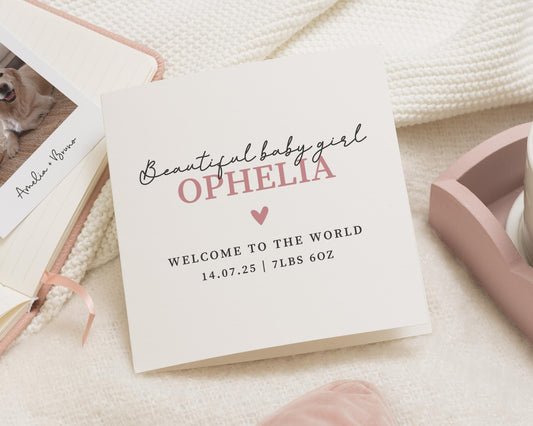 Personalised New Baby Card, Baby Girl Card, Welcome To The World Card, Custom Baby Name Card, New Baby Girl Card, Baby Announcement Card