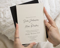 Ivory Wedding Invitations with Black Envelopes, Minimalist Calligraphy Wedding Invites, Elegant Typography, Personalised Invitation Suite