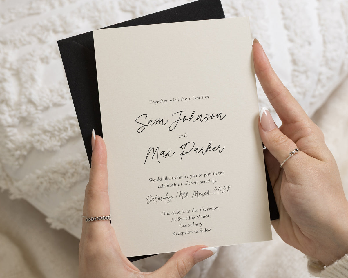 Ivory Wedding Invitations with Black Envelopes, Minimalist Calligraphy Wedding Invites, Elegant Typography, Personalised Invitation Suite