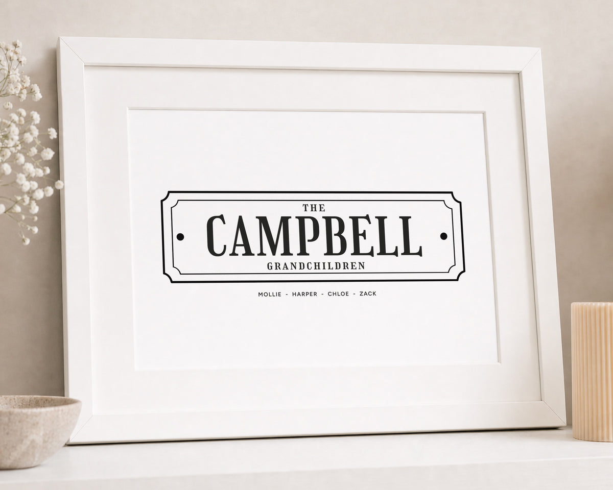 Personalised Grandchildren Print, Family Name Wall Art, White Wall Art, Gift for Grandparents, Family Room Print, White Framed Print