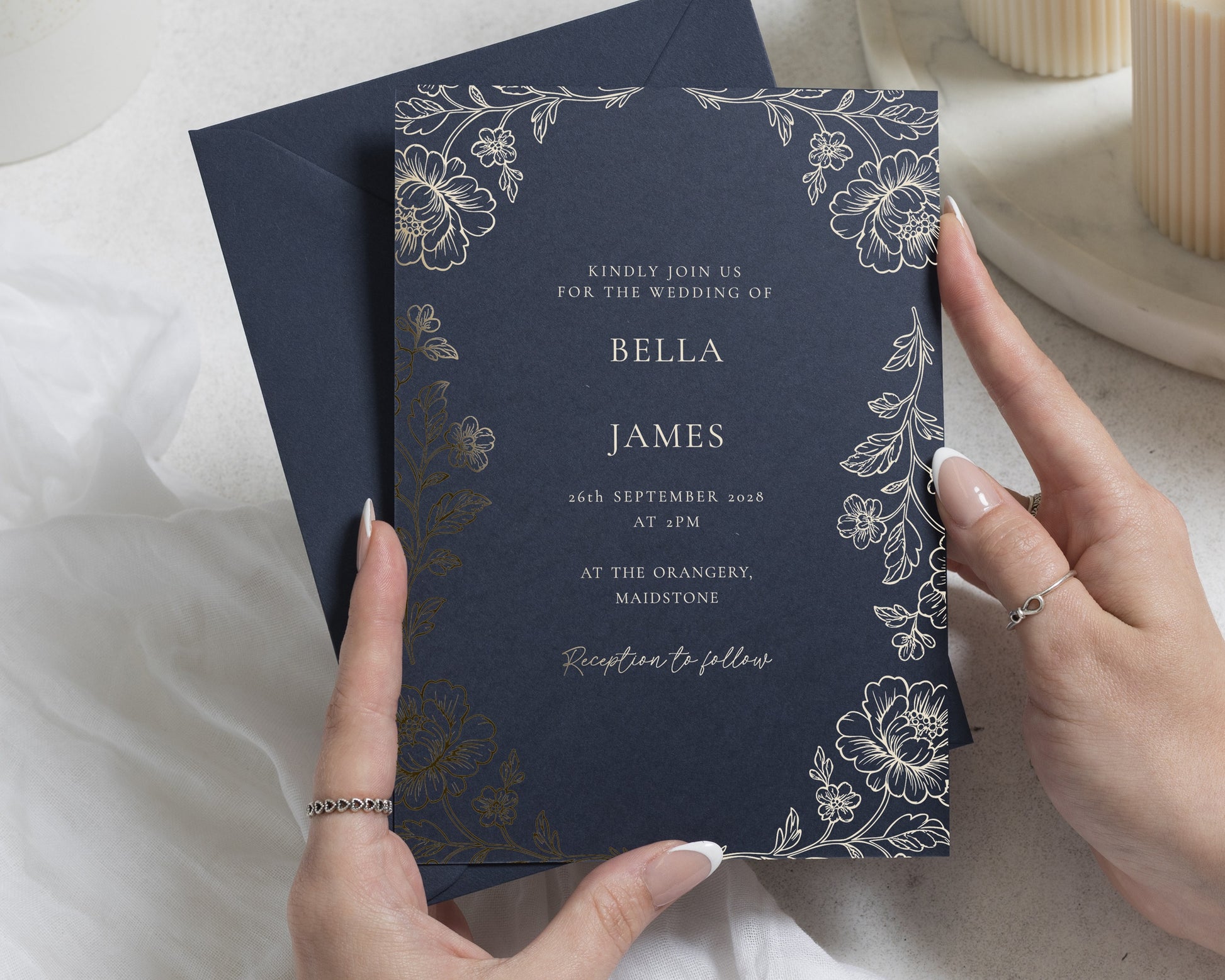 Gold Foil Floral Wedding Invitations, Navy Botanical Wedding Invites, Elegant Personalised Invitation Suite, Classic Garden Stationery