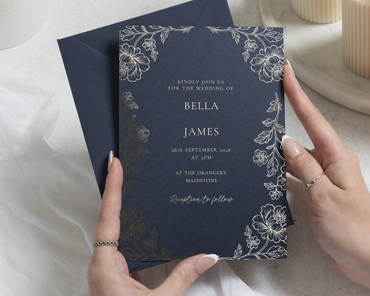 Gold Foil Floral Wedding Invitations, Navy Botanical Wedding Invites, Elegant Personalised Invitation Suite, Classic Garden Stationery