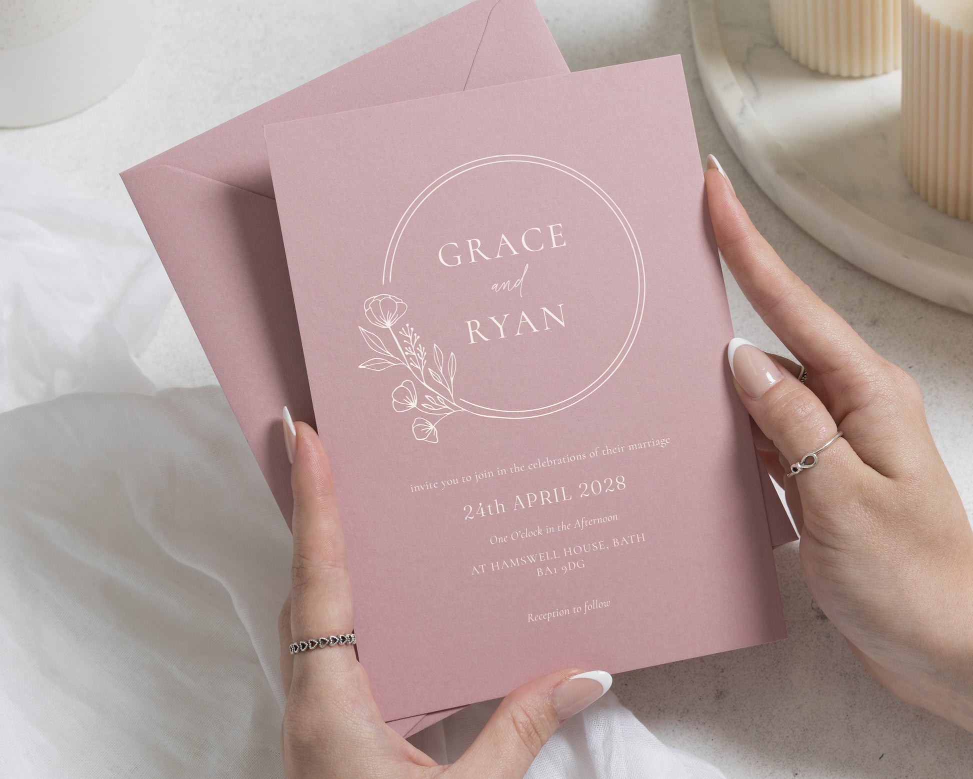 Rose Pink Wedding Invitations, Floral Wedding Invites, Romantic Botanical Wedding Stationery, Personalised Wedding Invites