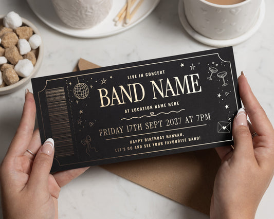 Concert Ticket Gift Voucher, Personalised Gig Ticket, Birthday Gift Voucher, Live Music Gift Experience, Custom Band Ticket