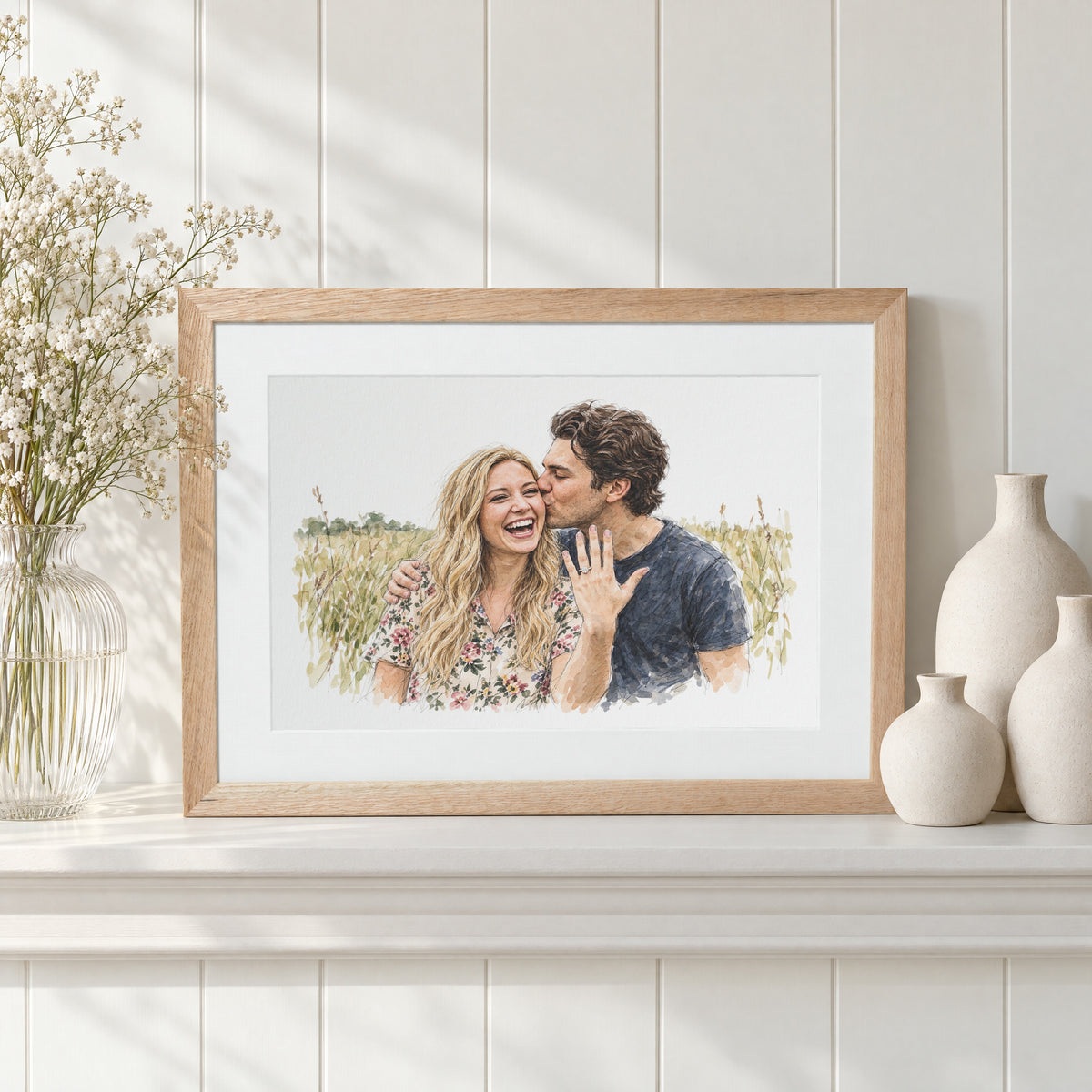 Personalised Couple Portrait From Photo, Watercolour Print, Engagement Gift, Anniversary Gift, Wedding Gift, Oak Framed Wall Art