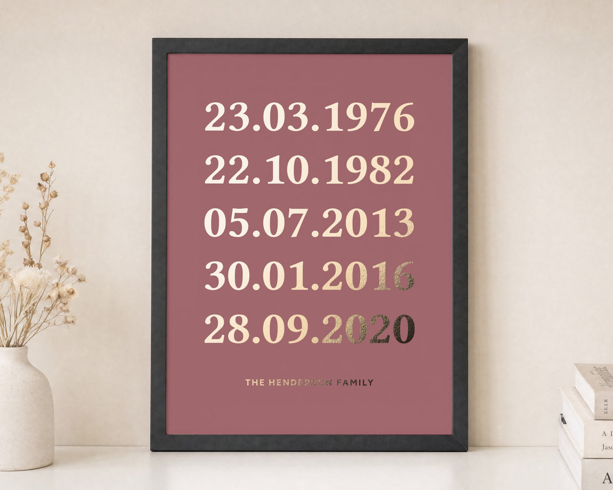 Personalised Gold Foil Important Dates Print, Terracotta Pink Wall Art, Family Gift, Gift for Parents, New Home Gift