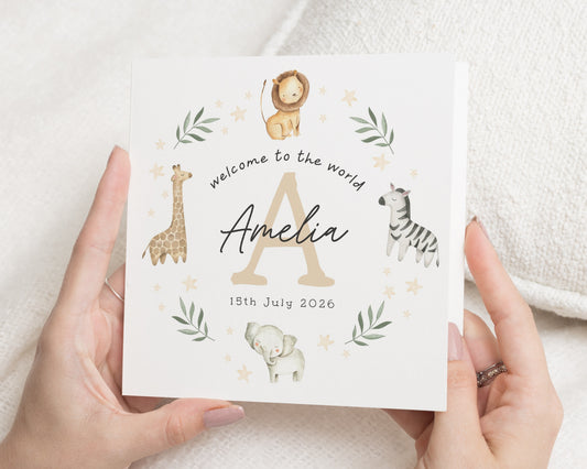 Personalised New Baby Card, Jungle Animal New Baby Card, Custom Baby Card, Welcome to the World Card, Safari Animal Card, Baby Girl Card