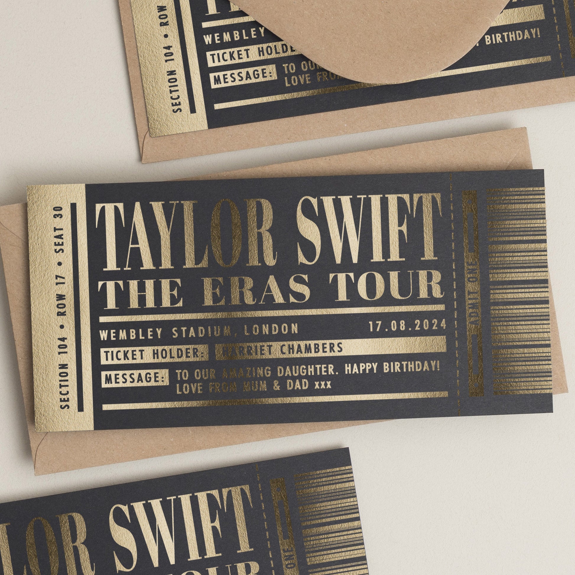 Personalised Gold Foil Gift Voucher, Taylor Swift Gig Ticket Gift Voucher, Foiled Concert Reveal Gift, Taylor Swift Surprise Gig Ticket