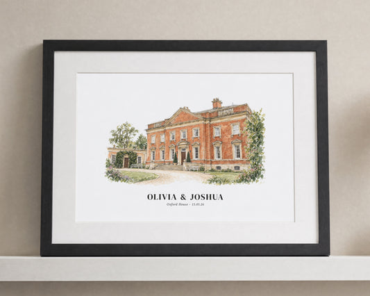 Personalised Wedding Venue Illustration, Custom Couple Print, Wedding Gift, Anniversary Gift, Landscape Black Framed Print
