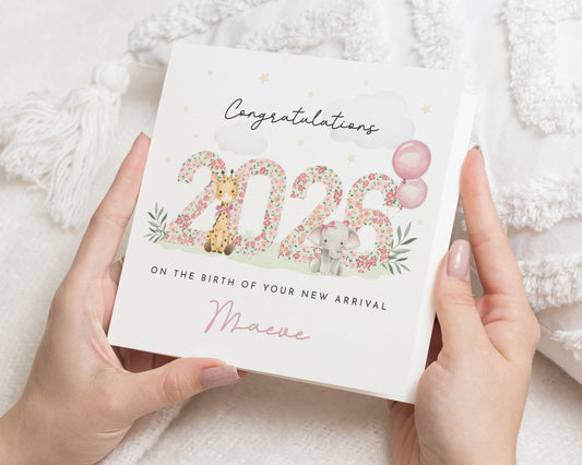 New Baby Card, Personalised Baby Card, 2026 Baby Congratulations Card, Animal Baby Card, Giraffe Elephant Card, Floral New Baby Card