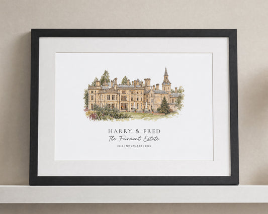 Personalised Wedding Venue Print, Custom Couple Wall Art, Venue Illustration, Wedding Gift, Anniversary Gift, Landscape Print