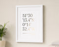 Personalised Gold Foil Coordinates Print, White Location Wall Art, New Home Gift, Housewarming Gift, First Home Gift