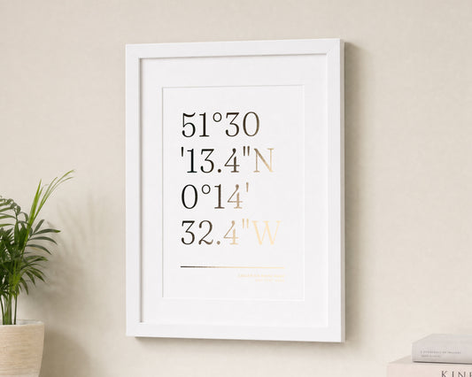 Personalised Gold Foil Coordinates Print, White Location Wall Art, New Home Gift, Housewarming Gift, First Home Gift