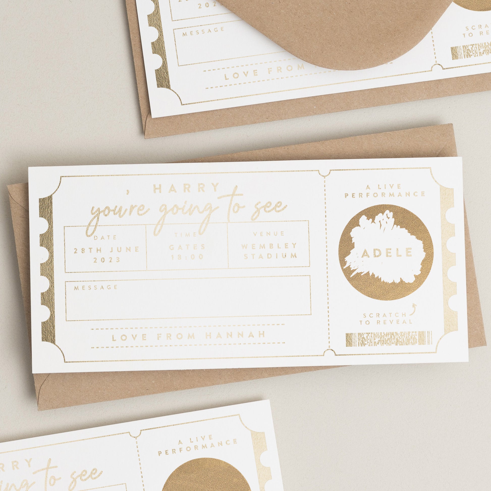 Personalised Gold Foil Scratch Gift Voucher, Gig Ticket Gold Foil Gift Voucher, Scratch Reveal Gift, Scratch To Reveal, Gig Gig Ticket