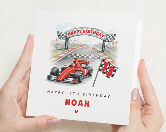 13th Birthday Card for Boy, Racing Car Birthday Card, Personalised Birthday Card for Son, 13th Birthday Card for Grandson
