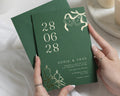 Gold Foil Wedding Invitations, Deep Green Bow Monogram Wedding Invite, Elegant Candle Invitation, Personalised Wedding Stationery