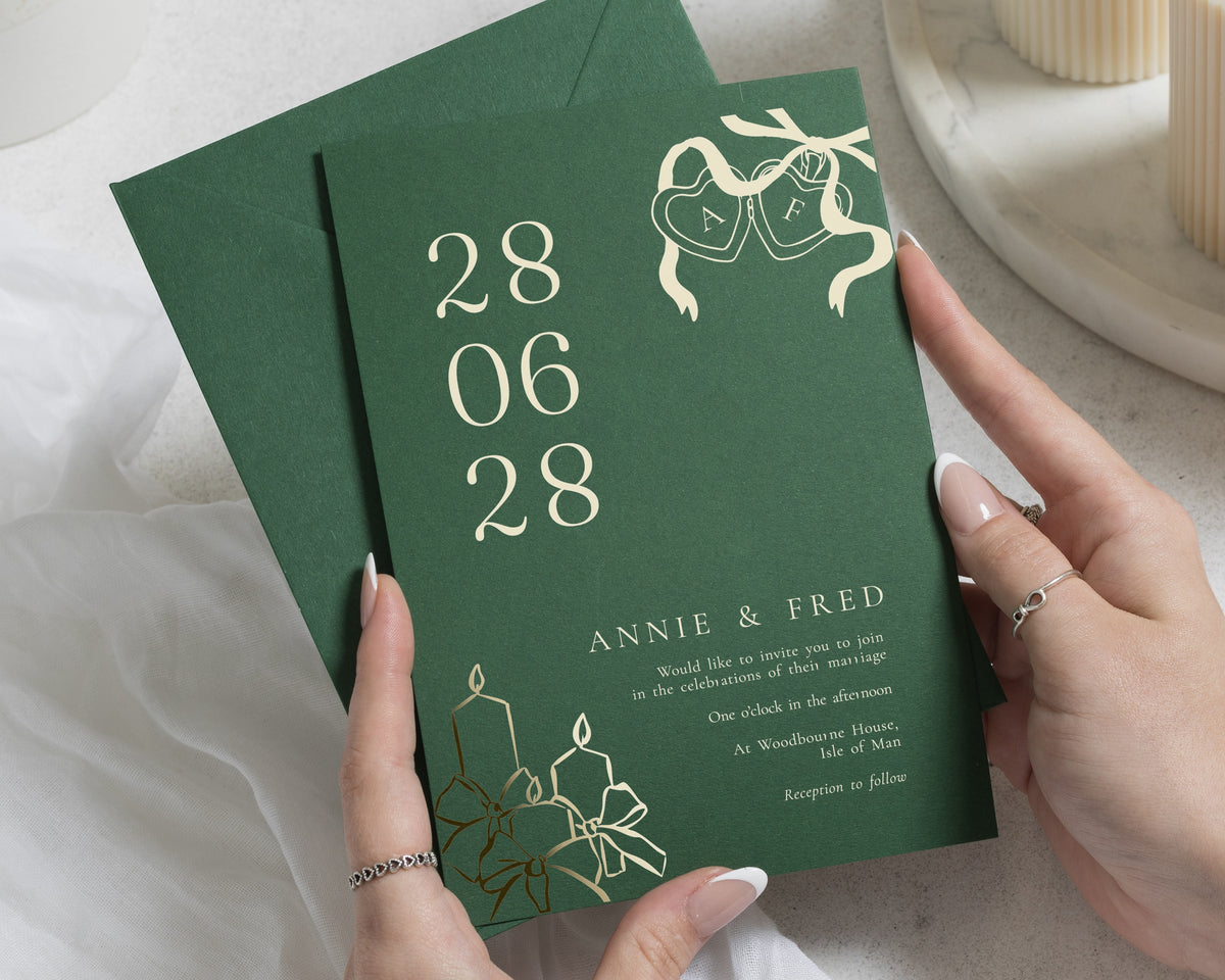 Gold Foil Wedding Invitations, Deep Green Bow Monogram Wedding Invite, Elegant Candle Invitation, Personalised Wedding Stationery