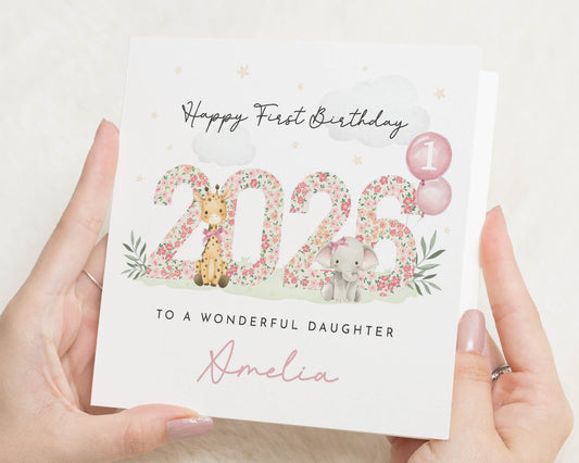 1st Birthday Card for Daughter, Personalised Birthday Card, Floral Giraffe Elephant Card, First Birthday Card for Girl, 2026 Card