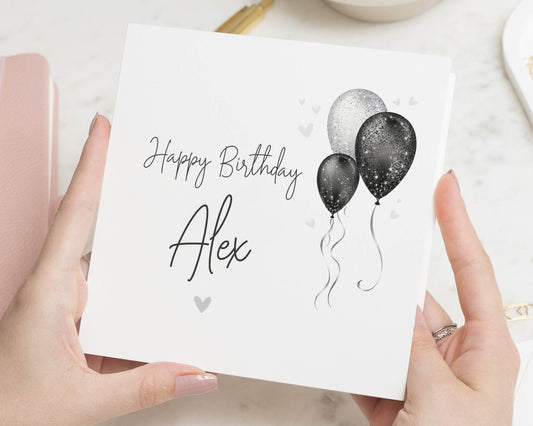 Birthday Card Personalised, Birthday Card for Him, Birthday Card for Her, Custom Name Card, Black Balloon Card