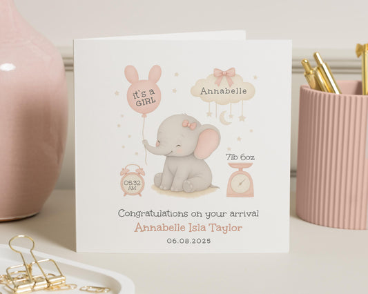 New Baby Card for Girl, Personalised Elephant Card, Baby Arrival Card, Congratulations Card, Cute Baby Girl Card, Custom Name Card