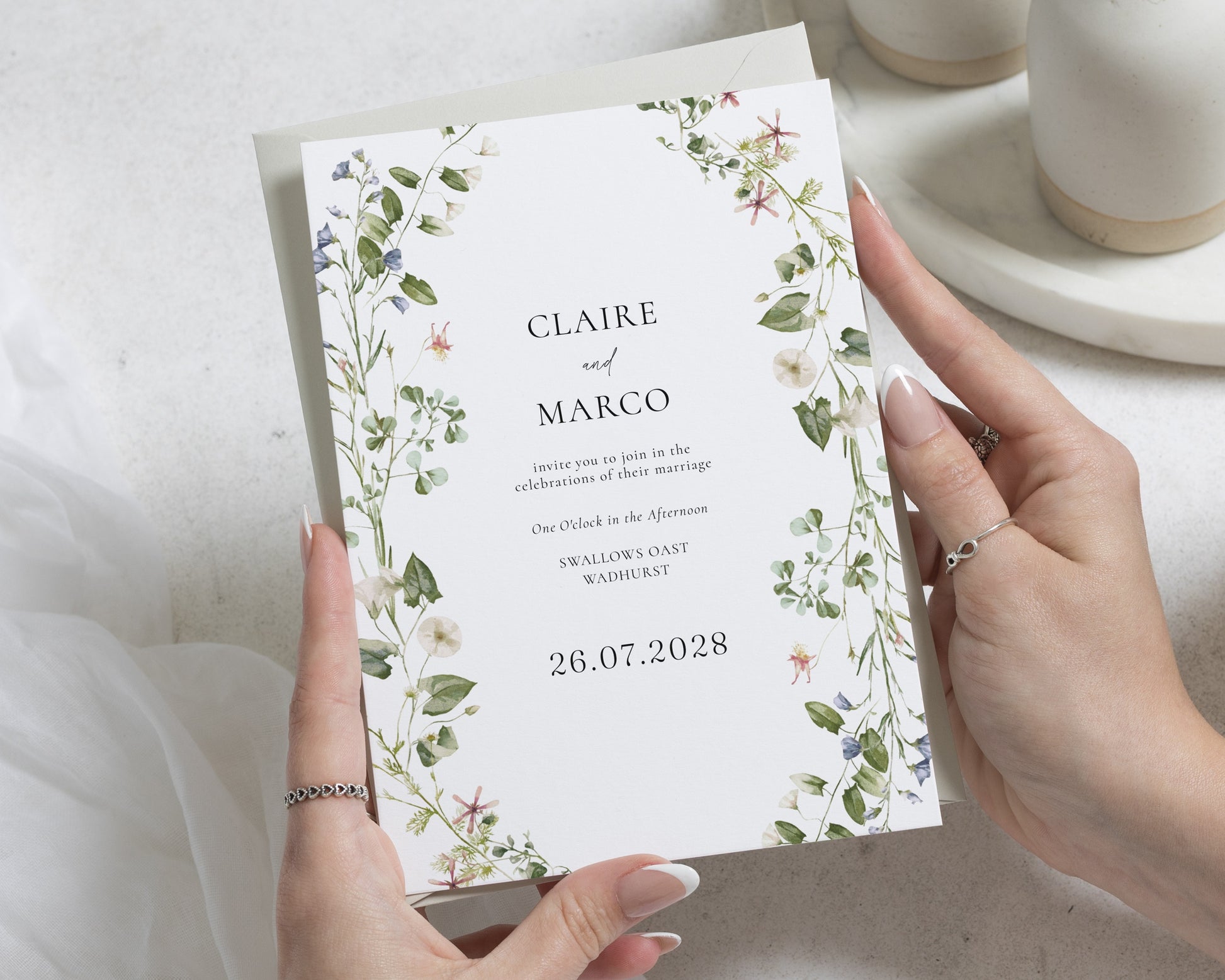 Wildflower Wedding Invitations, Botanical Greenery Wedding Invite, Floral Garden Wedding Stationery, Personalised Invitation Suite