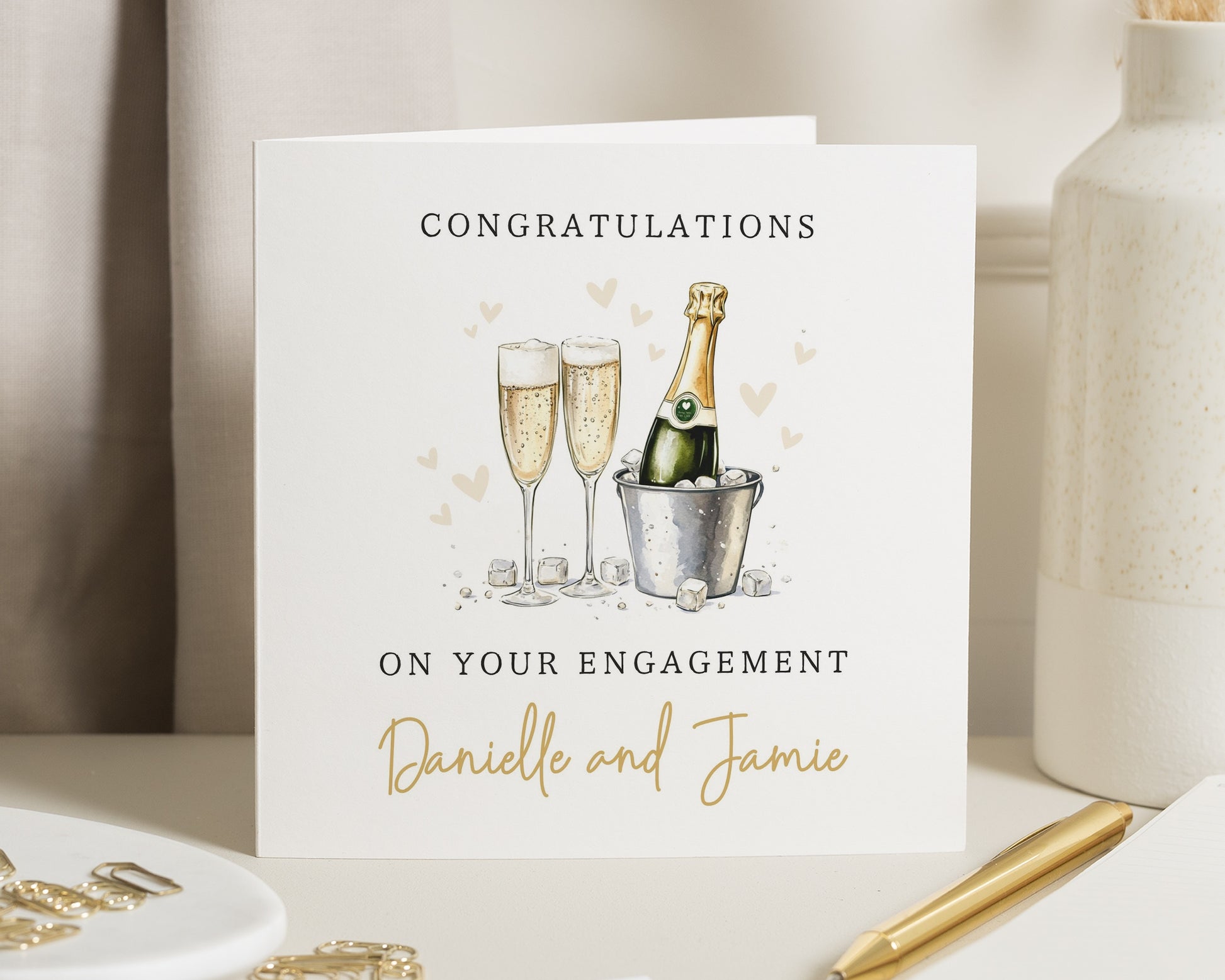Engagement Card, Personalised Engagement Card, Congratulations Card, Champagne Card for Couple, Printed Metallic Effect