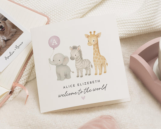 New Baby Card, Personalised Baby Card, Welcome To The World Card, Safari Animal Card, Baby Girl Card, Giraffe Elephant Zebra Card