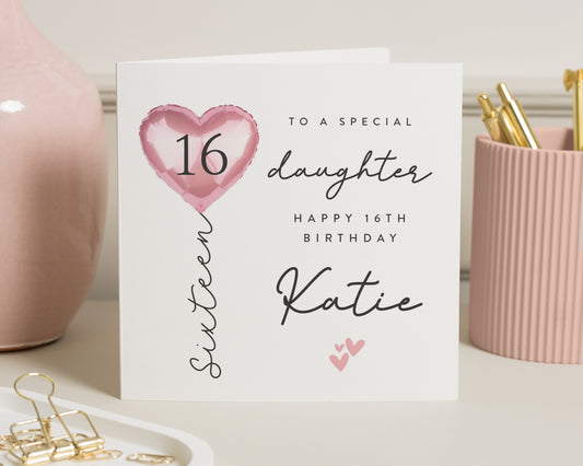 Personalised 16th Birthday Card for Daughter, Sixteenth Birthday Card, Custom Card for Girl, Printed Metallic Effect Heart Balloon Card