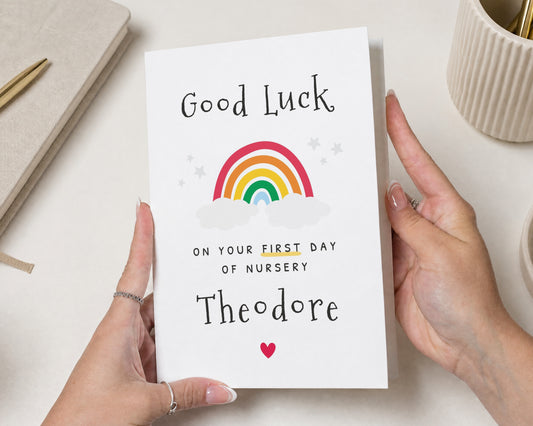 Personalised Good Luck Card, First Day of Nursery Card, Nursery Card for Child, Rainbow Good Luck Card, First Day of School Card