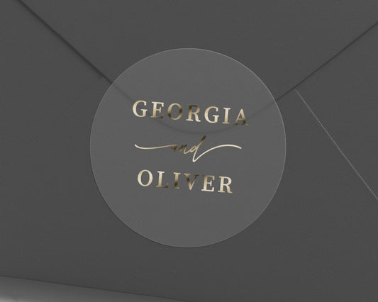 Personalised Wedding Envelope Seal, Custom Name Sticker, Gold Foil Wedding Sticker, Georgia and Oliver, Elegant Wedding Label
