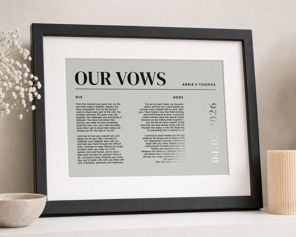 Personalised Wedding Vows Print, Silver Foil Wall Art, Muted Green Wall Art, Wedding Gift for Couple, Landscape Framed Print