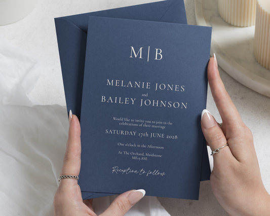 Slate Blue Wedding Invitations, Monogram Wedding Invites, Elegant Typography Wedding Stationery, Personalised Invitation Suite