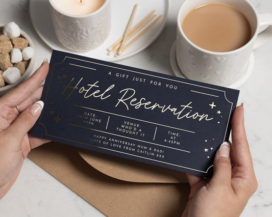 Personalised Hotel Reservation Gift Voucher, Anniversary Gift, Gold Foil, Custom Hotel Stay, Gift For Mum And Dad