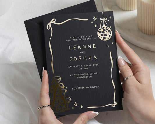 Gold Foil Wedding Invitations, Black Wedding Invite, Disco Ball Invitation, Champagne Tower, Modern Party Wedding Invites
