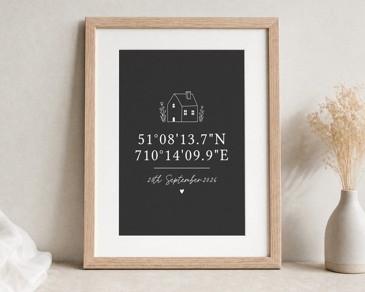 Personalised Coordinates Print, Black Wall Art, New Home Gift, House Warming Gift, Wedding Gift, Anniversary Print