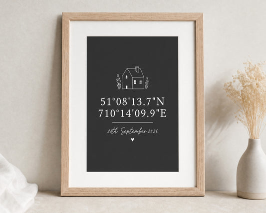 Personalised Coordinates Print, Black Wall Art, New Home Gift, House Warming Gift, Wedding Gift, Anniversary Print