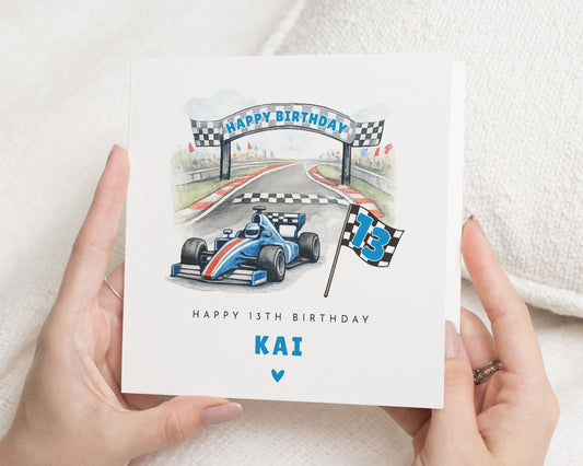 13th Birthday Card for Boy, Racing Car Birthday Card, Personalised Birthday Card, Birthday Card for Son, Grandson, Formula Birthday Card