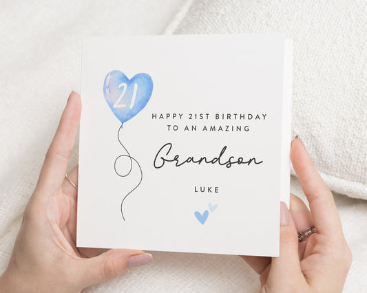 21st Birthday Card for Grandson, Personalised 21st Birthday Card, 21 Birthday Card for Him, Grandson Birthday Card, Blue Heart Card