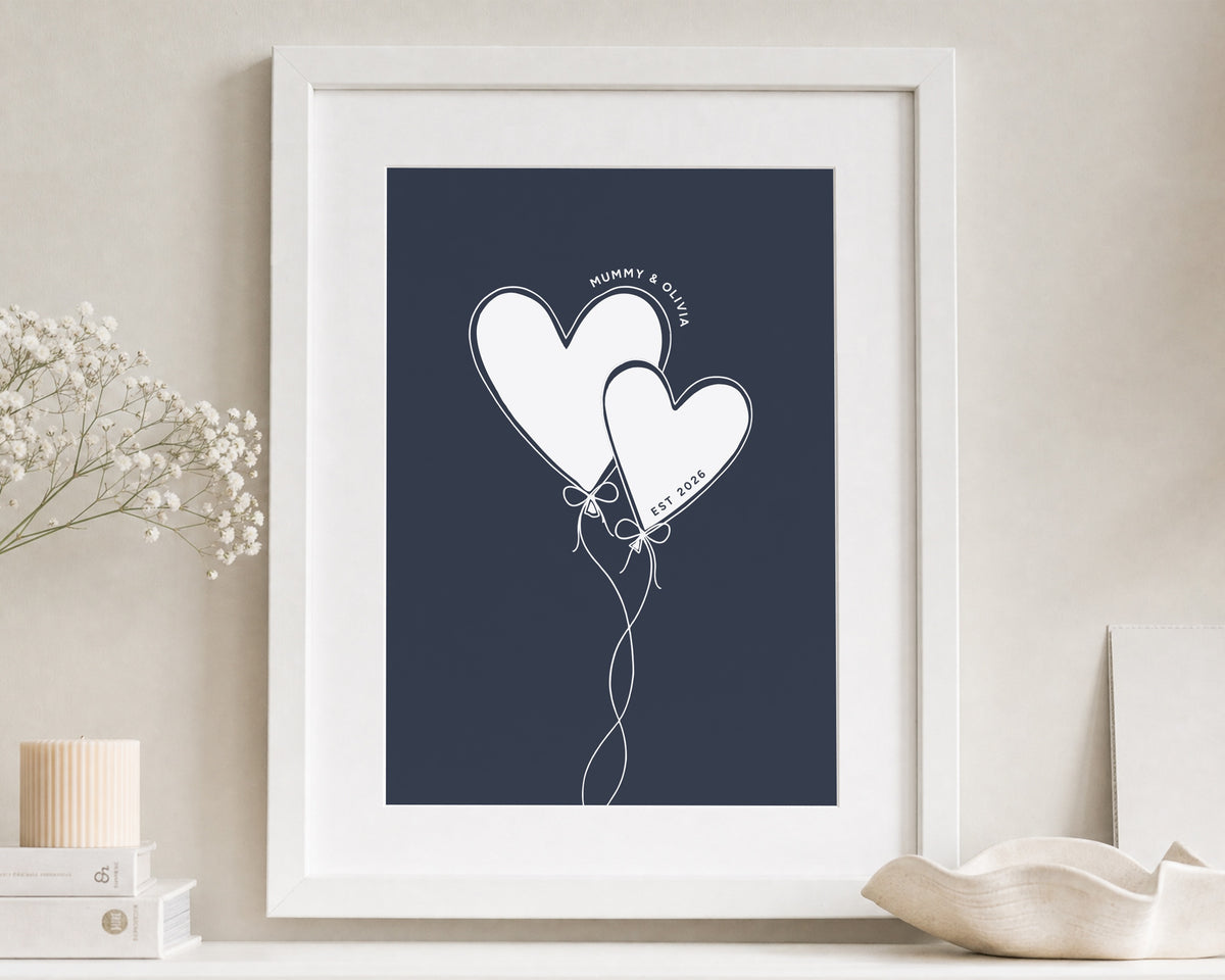 Personalised Mummy and Child Print, Navy Blue Wall Art, Mother's Day Gift, Gift for Mum, Heart Balloon Portrait Print