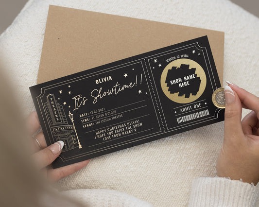 Personalised Scratch Off Theatre Ticket Gift Voucher, Theatre Gift Voucher, Show Ticket Reveal, Experience Gift, Christmas Gift for Her