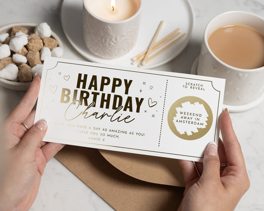 Personalised Birthday Scratch Card, Weekend Away Gift Voucher, Birthday Card for Her, Gold Foil, Scratch to Reveal