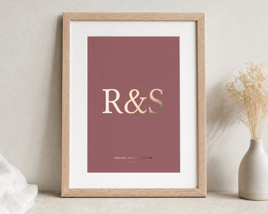 Personalised Gold Foil Initials Print, Dusty Pink Wall Art, Couple Gift, Wedding Gift, Anniversary Gift, Oak Framed Print