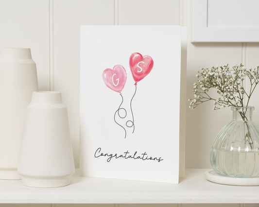 Personalised Congratulations Card, Engagement Card for Couple, Wedding Congratulations Card, Heart Balloon Card, Custom Initials Card