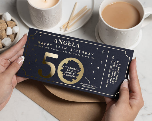 Personalised 50th Birthday Gift Voucher, Afternoon Tea Gift, Scratch To Reveal, Gold Foil, Custom Birthday Experience For Her