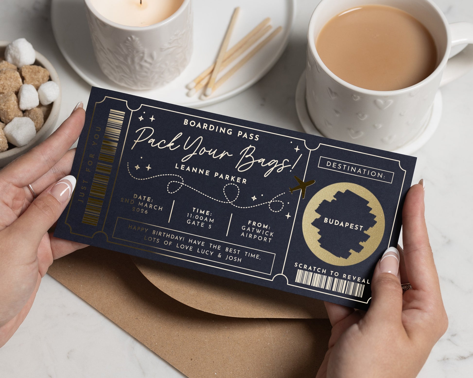 Personalised Pack Your Bags Gift Voucher, Scratch To Reveal Holiday, Boarding Pass, Gold Foil, Birthday Gift For Her, Travel Surprise