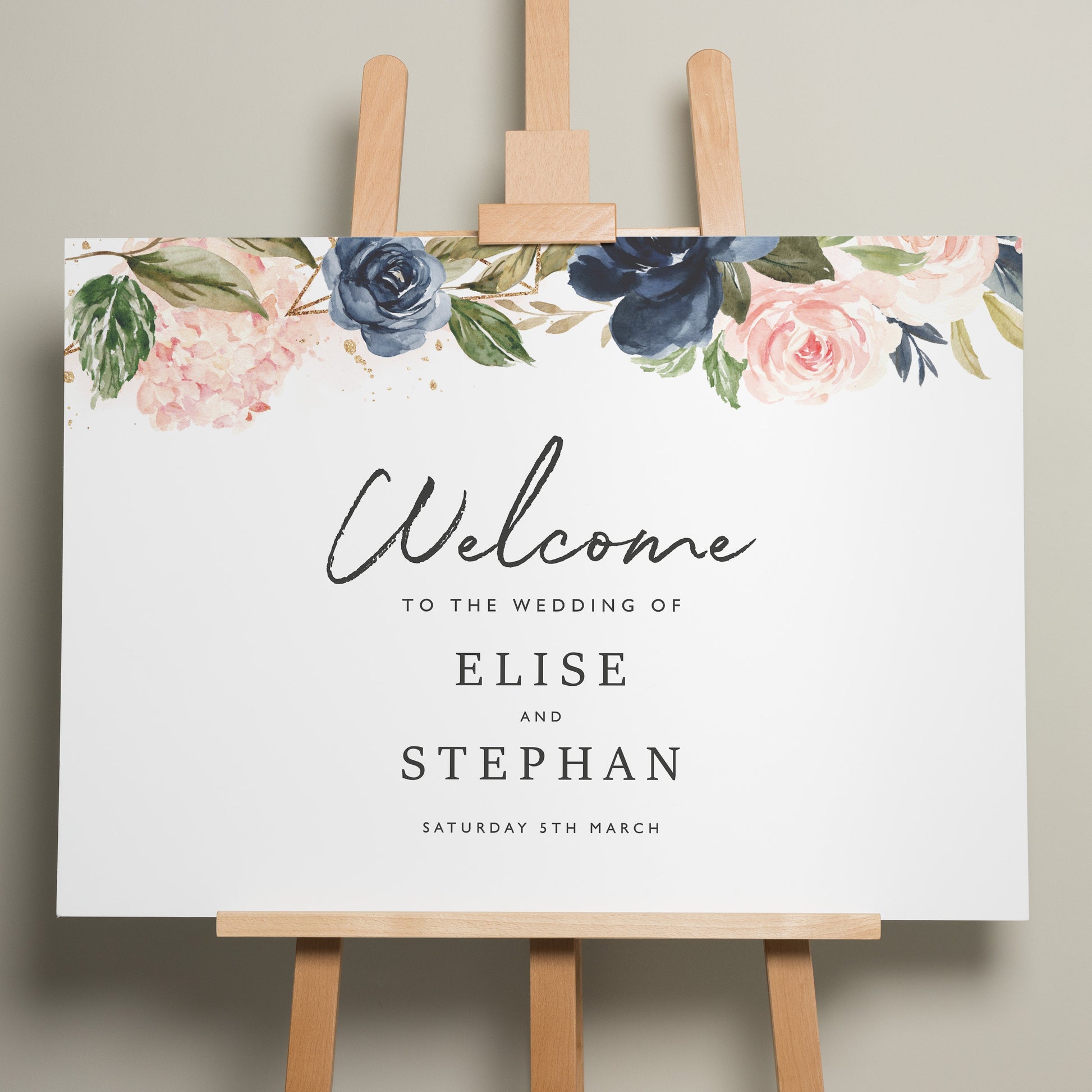 Floral Wedding Welcome Sign, Personalised Flowers Welcome Sign, A1 Wedding Signage, Blush Pink Floral Wedding Decor, A1 Signs &#39;Elise&#39;