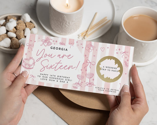 Personalised Sixteenth Birthday Gift Voucher, 16th Birthday Gift For Girl, Paris Trip Reveal, Scratch To Reveal