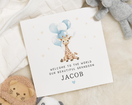 New Baby Card for Grandson, Personalised Baby Boy Card, Giraffe Card, Welcome to the World Card, Cute Grandson Card